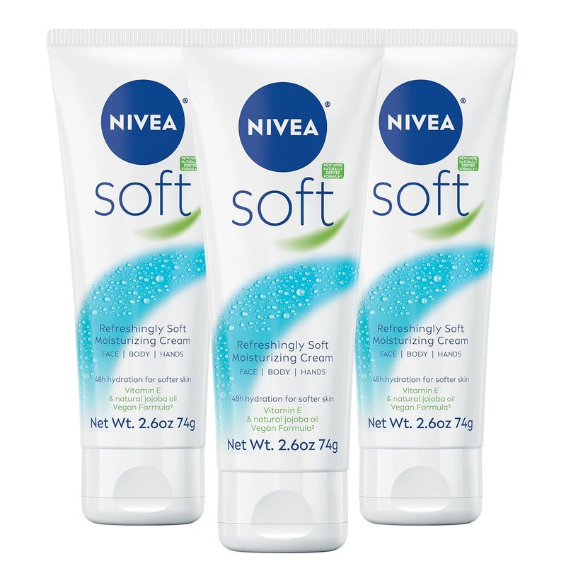 NIVEA Soft Refreshingly Soft Moisturizing Cream Lightweight Moisturizer for Face Body and Hands Body Cream Enriched with Jojoba Oil and Vitamin E 26 Oz Tube Pack of 3