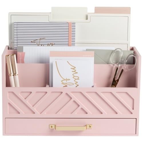 BLU MONACO Pink Wooden Desk Organizer with Storage Drawer and Gold Handle – Cute Office Supplies Holder – Mail Storage for Desktop at Home, Office, or Workspace - Image 1