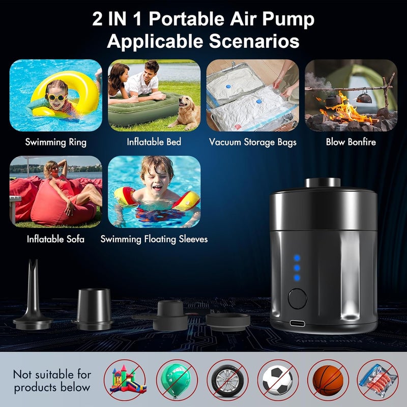 Mojimdo Portable Electric Air Pump for Inflatables, Rechargeable Battery Air Pump for Airbed, 2-in-1 Portable Mini Vacuum Pump with 4 Air Nozzles and Storage Bag for Air Mattress, Pool - Image 5