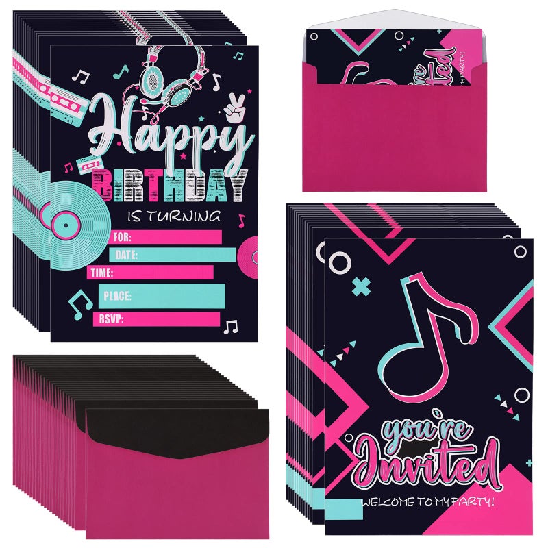 Breling 25 Pcs Music Birthday Party Invitations Supplies Birthday Invitation Cards Neon Music Party Favors with 25 Pcs Envelopes Baby Shower Glow in the Dark Music Birthday Party