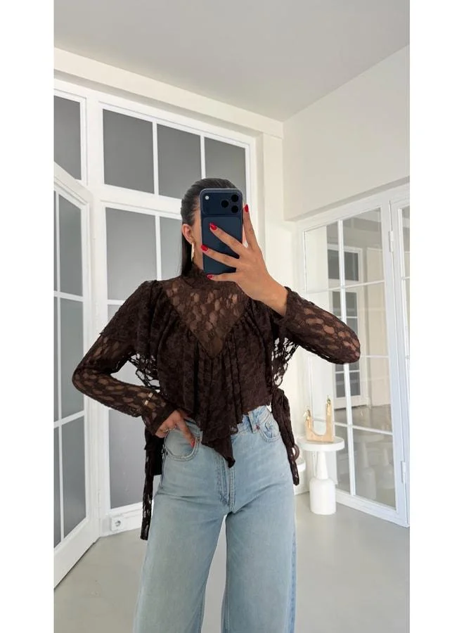 Bitter Coffee Long Sleeve Lace Blouse GAUS-01874.