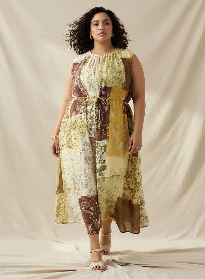  أولا بوبكن Ulla Popken Patch Print A line Women Dress with Belt