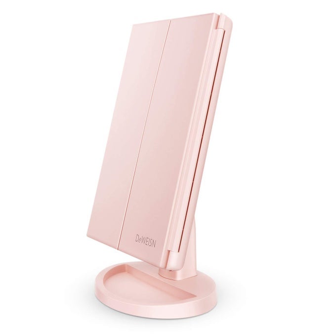TABLETOP MOUNT TRIFOLD LIGHTED VANITY MIRROR WITH 21 LED LIGHTS TOUCH SCREEN AND 3X2X1X MAGNIFICATION TWO POWER SUPPLY MODES MAKE UP MIRRORTRAVEL MIRROR