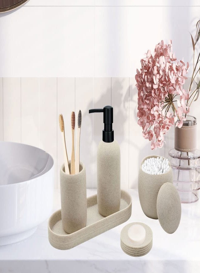 Aksipo Beige Resin Bathroom Accessory Set, 5 Pcs Bathroom Accessories Set with Lotion Dispenser,Soap Dish,Toothbrush Holder,Vanity Tray,Qtip Holder Dispenser, Modern Bathroom Decor and Housewarming Gift Set - Image 2