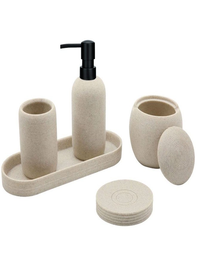 Aksipo Beige Resin Bathroom Accessory Set, 5 Pcs Bathroom Accessories Set with Lotion Dispenser,Soap Dish,Toothbrush Holder,Vanity Tray,Qtip Holder Dispenser, Modern Bathroom Decor and Housewarming Gift Set - Image 1