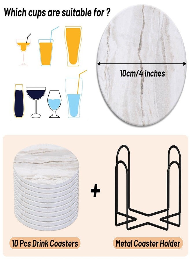 Caffox Coasters Set of 10, Absorbent Drink Coasters with Holder, Marble Style Ceramic Coaster for Wooden Table, Home Decor, 4 Inches(Griege) - Image 3