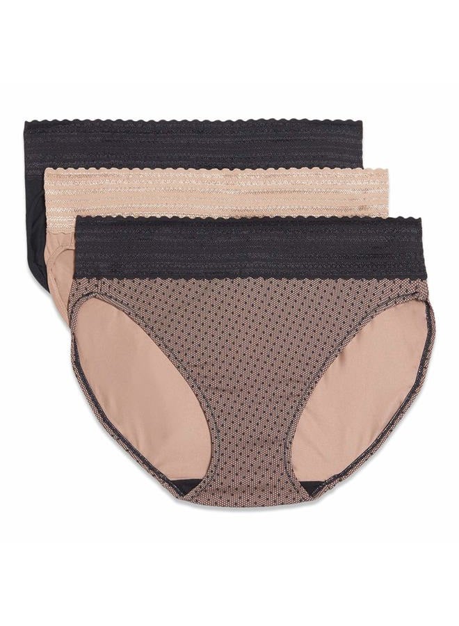 Warner's Women's Blissful Benefits Dig-Free Comfort Waistband with Lace Microfiber Hi-Cut 3-Pack 5109w, Black/Toasted Almond/Lace Dot, L - Image 1