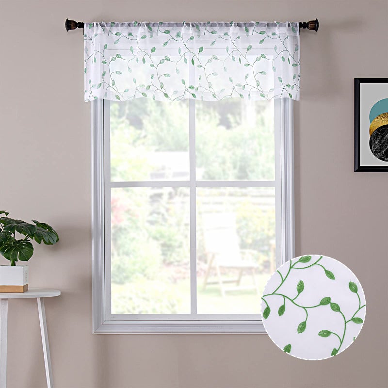 Tollpiz Tollpiz Leaves Sheer Valance Curtains Green Leaf Embroidery Bedroom Curtain Rod Pocket Voile Curtains for Living Room 54 x 16 inches Long Set of 1 Panel 