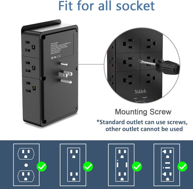 Nikleb Surge Protector Wall Charger, 12 Wide AC Outlets Power Strip, 4 Ports USB Charging Blocks, Multiple Plug Adapter Wall Mount, Plug Extender Heavy Duty, Outlet Splitter for Home, Office Supplies - Image 4