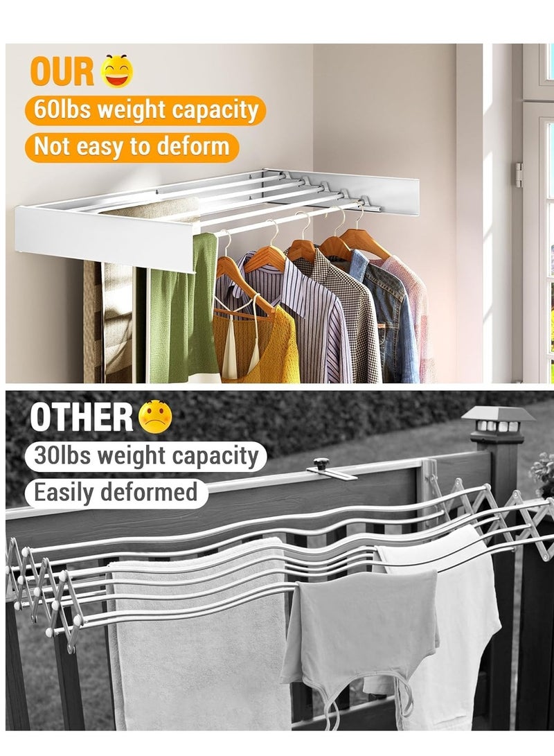 Arabest Laundry Drying Rack Collapsible, Wall Mounted Drying Rack, Clothes Drying Rack, Retractable Drying Rack, 5 Aluminum Rods, 60 lb Capacity, for Indoor & Outdoor Organization (White) - Image 5