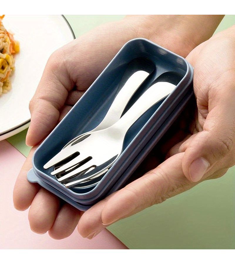 2 Durable Silvery Stainless Steel Compact Spoon And Fork Set Portable Short Handle Tableware For Travel Students Meals Tablespoon Dessert Fork Kit - Image 2
