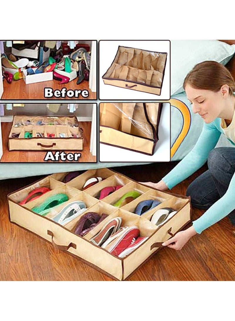 Shoe Organizer Case Space Saving Home Storage 12 Grid Dustproof Under Bed Shoes Transparent Cover Non-woven Storage Boxes  - Image 5
