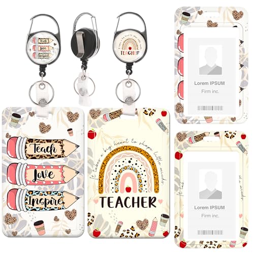 MENIFEND 2 Pack Teacher Badge Holder with Retractable Reel Clip, Pencil Rainbow ID Holder with Inspirational Quotes Designs, Gifts for Teachers - Image 1