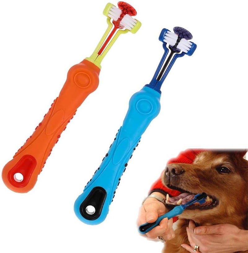 Pet Toothbrush, 2 Pack Three-Sided Dog & Cat Toothbrush for Effective Teeth Cleaning, Removes Bad Breath & Tartar, Oral Care for Pets (Blue, Orange) - Image 1