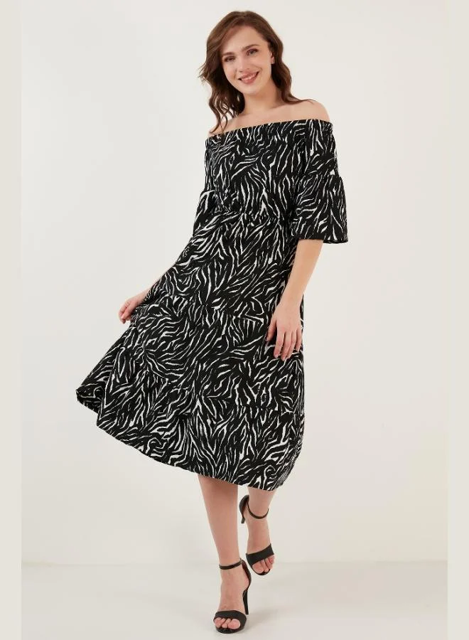 Lela Lela Patterned Carmen Collar Three Quarter Sleeve Midi Dress Women's DRESS 5863718