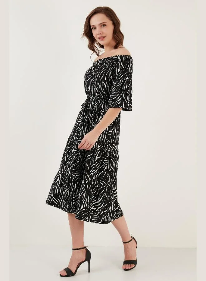 Lela Lela Patterned Carmen Collar Three Quarter Sleeve Midi Dress Women's DRESS 5863718