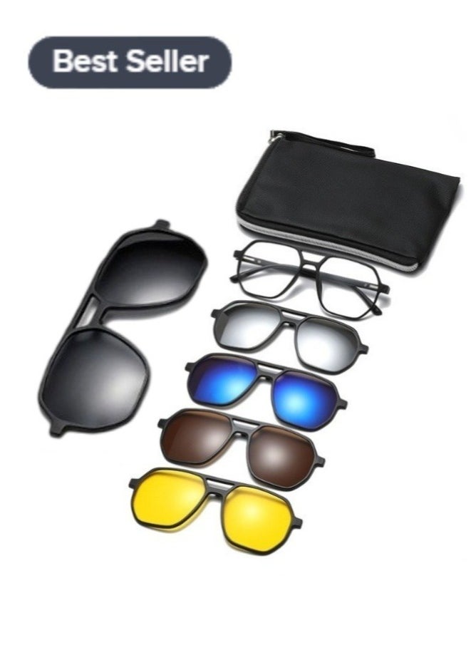 HS - Polarized Sunglasses Men's Magnetic Sleeve Mirror Sunscreen Fashion Sunglasses Women's Premium Sense Double Bridge Glasses Frame UV Protection 1 Frame Glasses + 5 Clip Sunglasses Storage Bag - Image 1