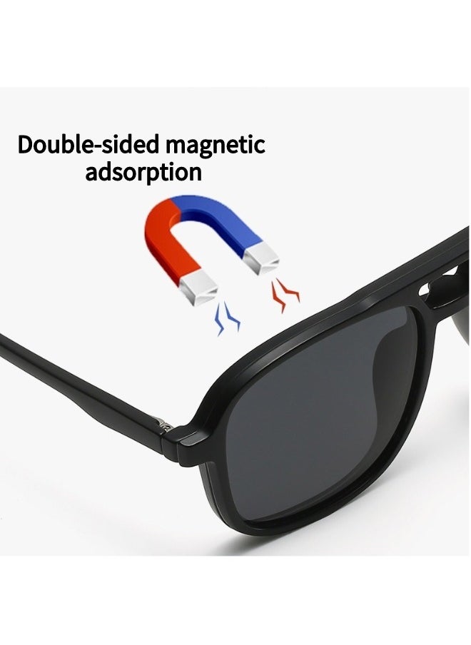 HS - Polarized Sunglasses Men's Magnetic Sleeve Mirror Sunscreen Fashion Sunglasses Women's Premium Sense Double Bridge Glasses Frame UV Protection 1 Frame Glasses + 5 Clip Sunglasses Storage Bag - Image 1