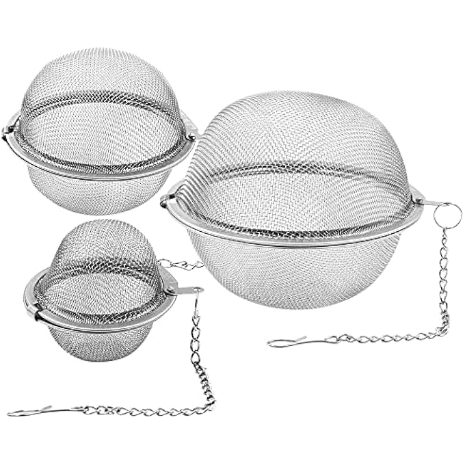 ريحني مصافي الشاي المصنوعة من الفولاذ المقاوم للصدأ مع كرة شاي ومصفاة شاي مع خطاف سلسلة ممتد لأوراق الشاي السائبة والتوابل والتوابل عبوة من 3 قطع - Image 2