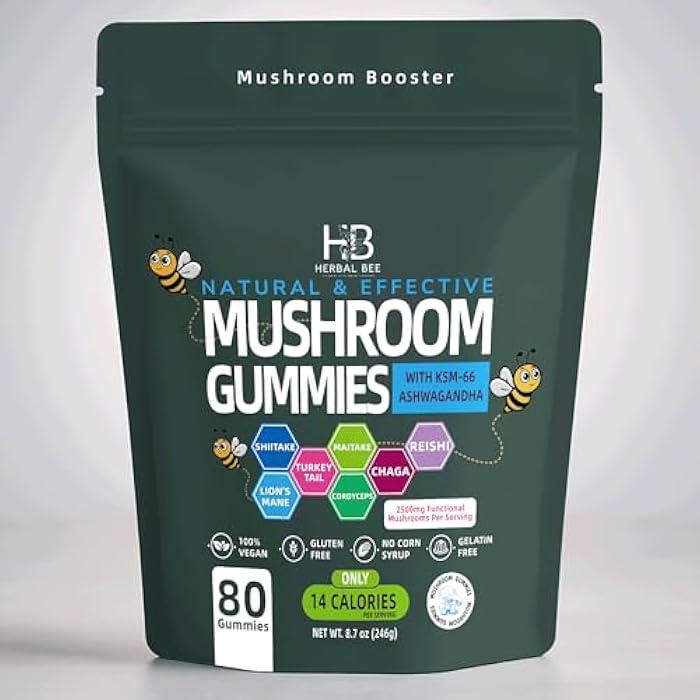 Herbal Bee Organic Ashwagandha & Lions Mane Mushroom Gummies - Reishi, Cordyceps, Turkey Tail, Maitake, Shitake & Chaga, Immune Support & defense, Brain Boost, Vegan, All-in-One Superfood supplement | 80 gummies - Image 1