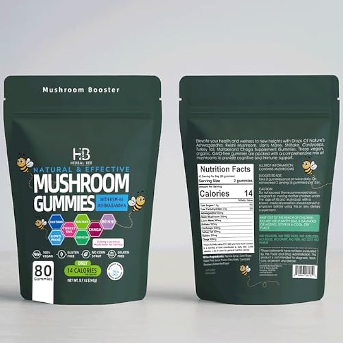Herbal Bee Organic Ashwagandha & Lions Mane Mushroom Gummies - Reishi, Cordyceps, Turkey Tail, Maitake, Shitake & Chaga, Immune Support & defense, Brain Boost, Vegan, All-in-One Superfood supplement | 80 gummies - Image 2