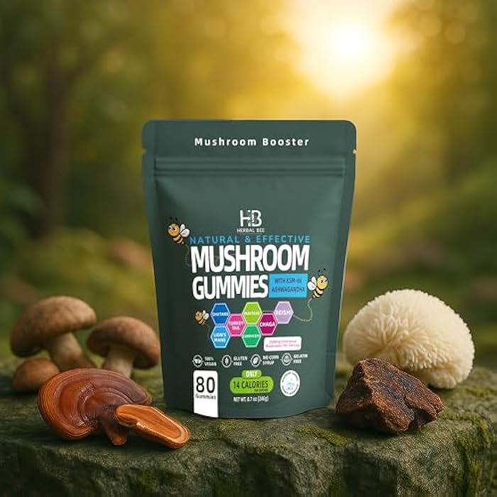 Herbal Bee Organic Ashwagandha & Lions Mane Mushroom Gummies - Reishi, Cordyceps, Turkey Tail, Maitake, Shitake & Chaga, Immune Support & defense, Brain Boost, Vegan, All-in-One Superfood supplement | 80 gummies - Image 3