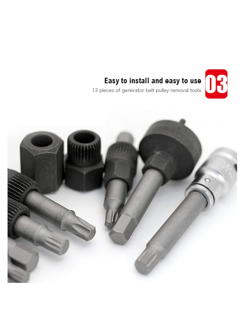 13 Pieces Alternator Pulley Remove and Install Tool Set Generator Belt Pulley Disassembly Wrench Pulley Remover