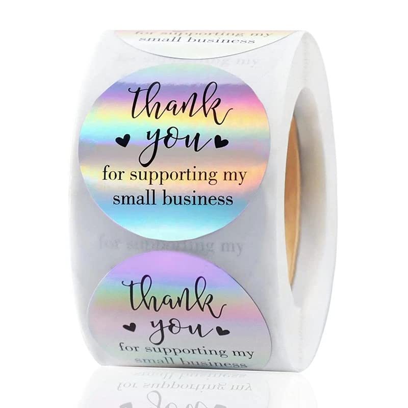 IBAKE 500 PCS Holographic Thank You for Supporting My Small Business Stickers – 1.5 Inch Round Self-Adhesive Waterproof Labels – Eye-Catching Packaging Seals for Orders, Gift Bags, Boxes & Envelopes - Image 1