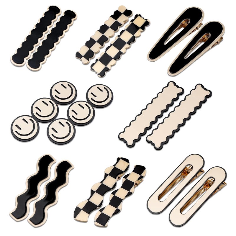 MagicSky 16 PCS Magicsky Simple No Bend Hair Clips Black White Checker Barrettes No Crease Wave Geometric Duckbill pins Korean Styling Minimalist Hairpin Hair Accessories Gifts for Women Girls