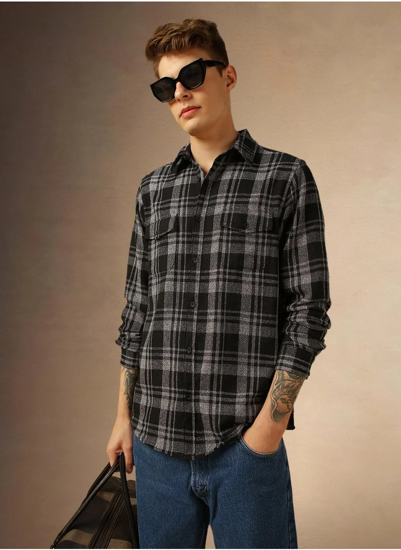 دينيس لينغو Men's Charcoal 100% Cotton Checkered Shirt