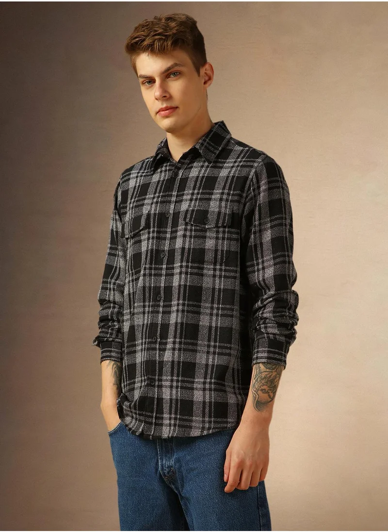دينيس لينغو Men's Charcoal 100% Cotton Checkered Shirt