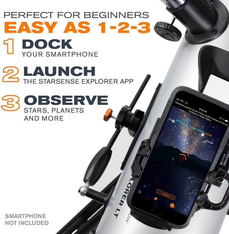 سلسترون تلسكوب سيليسترون 22452 StarSense Explore LT114AZ من نوع نيوتنيان، مزود بتقنية تتيح التحكم عبر تطبيق الهاتف الذكي؛ يشمل عدستين للمشاهدة، عدسة تكبير بمقدار 2x، وحامل للهاتف، وقاعدة قابلة لضبط الارتفاع؛ اللون أسود. - Image 3