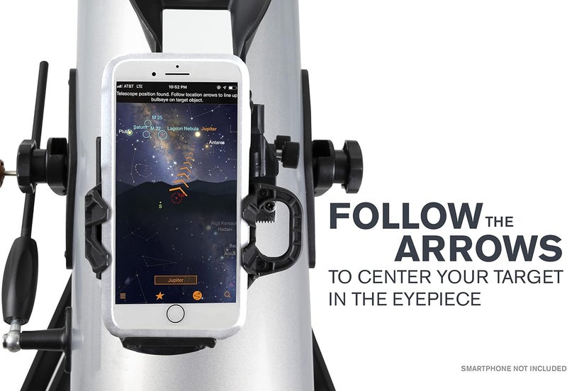 سلسترون تلسكوب سيليسترون 22452 StarSense Explore LT114AZ من نوع نيوتنيان، مزود بتقنية تتيح التحكم عبر تطبيق الهاتف الذكي؛ يشمل عدستين للمشاهدة، عدسة تكبير بمقدار 2x، وحامل للهاتف، وقاعدة قابلة لضبط الارتفاع؛ اللون أسود. - Image 4