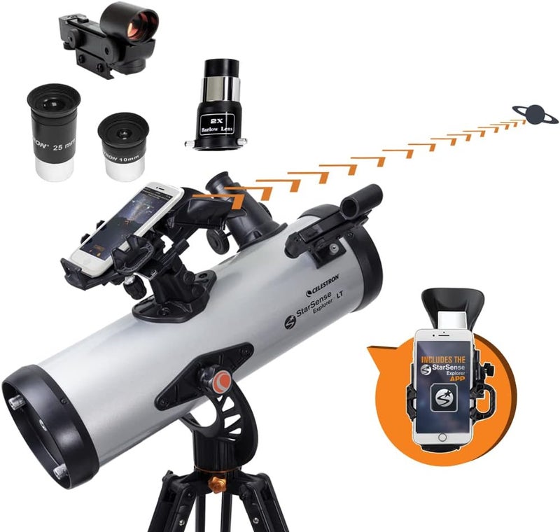 سلسترون تلسكوب سيليسترون 22452 StarSense Explore LT114AZ من نوع نيوتنيان، مزود بتقنية تتيح التحكم عبر تطبيق الهاتف الذكي؛ يشمل عدستين للمشاهدة، عدسة تكبير بمقدار 2x، وحامل للهاتف، وقاعدة قابلة لضبط الارتفاع؛ اللون أسود. - Image 1