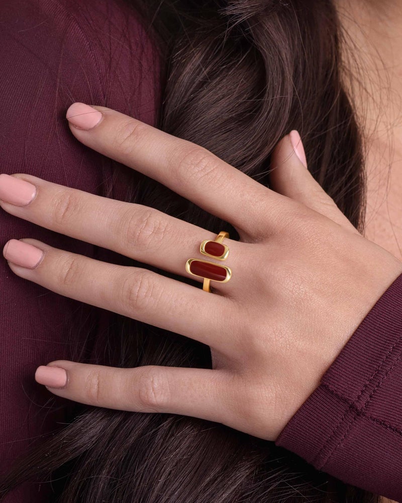 SNGIA 18K Gold Maroon Burgendy Red Enamel Square Rectagnular Adjustable Statement Open Ring for Women by SNGIA, Dainty Irregular Geometric Summer Beach Unique Stackable Wedding Date Birthday Gift, Bohemian Irregular Trendy Navy Jewelry, Textured Patterned Fashion Accessories, Vintage Circular Nickle Free Gifts. - Image 4