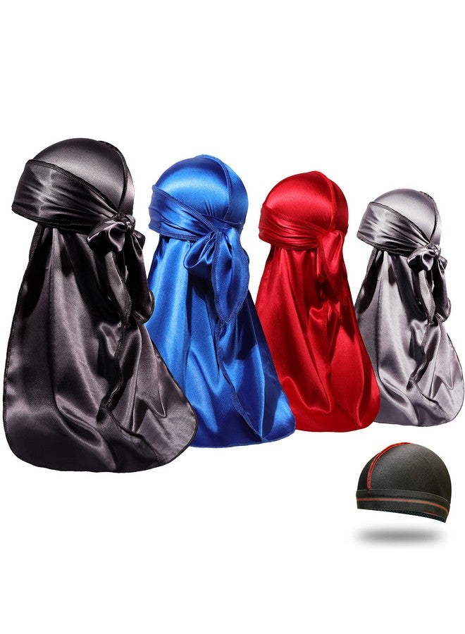 ForceWave 4Pcs Silky Durags For Men Women 360 Waves With 1 Wave Cap Silky Satin Durag Extra Long Tails - Image 2