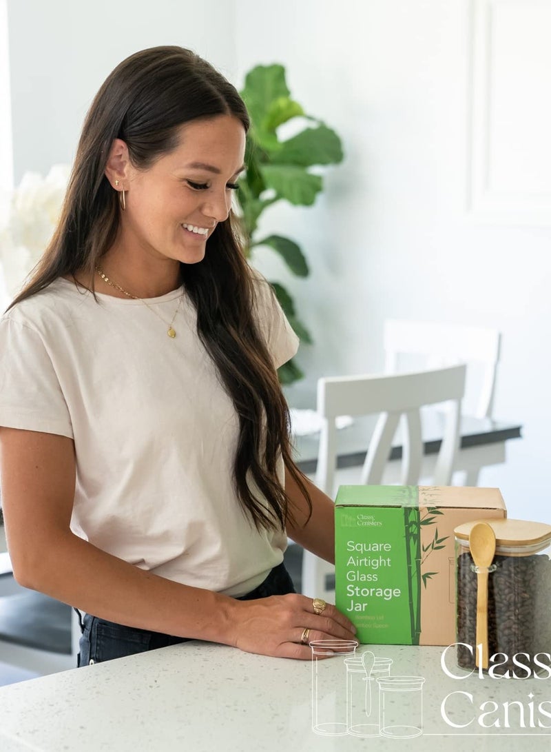 SOLARAE Square Glass Jar - 40 Ounce with Bamboo Lid & Spoon - Airtight Coffee Container for Coffee, Tea, Flour, Sugar, Spices, and More - Functional and Decorative. - Image 2