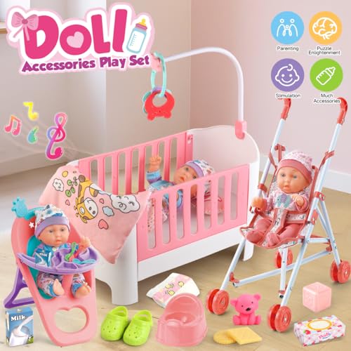 YIYBM Baby Doll Crib and Stroller Accessories Play Set with 11 Baby DollDining Chair24 PCS Dolls Accessories and 2 Sets ClothesRealistic Pretend Play for Girls Kids 35 46 57 Year Gifts - Image 5