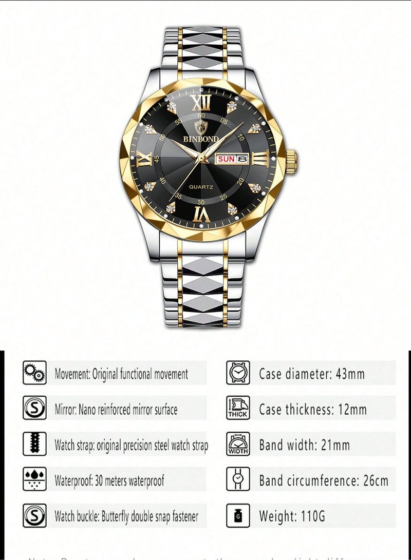 بينبوند ساعات رجالية كوارتز ساعة أفضل ماركة فاخرة موضة مقاومة للماء أسبوع تاريخ ساعة رياضية رجالية ساعة يد رجالية من الفولاذ المقاوم للصدأ - Image 4