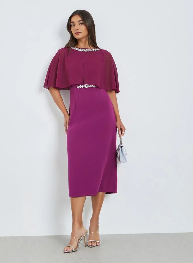 Styli  Women Embellished Cape Sleeve Sheath Midi Dress for Women | Best Price UAE