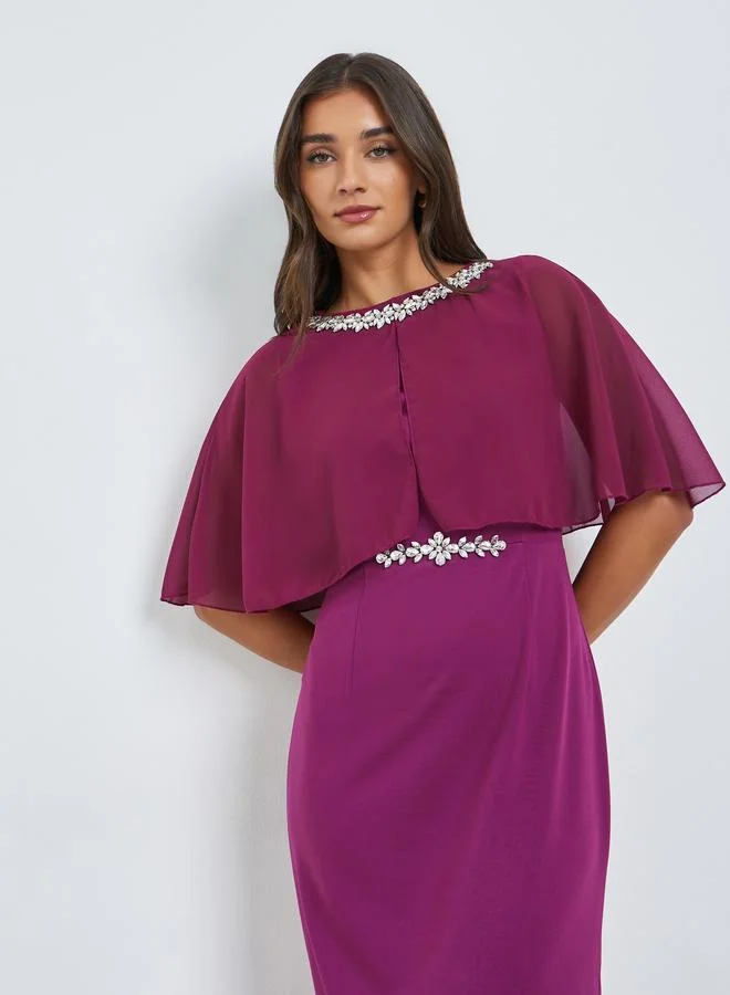 Styli Women Embellished Cape Sleeve Sheath Midi Dress