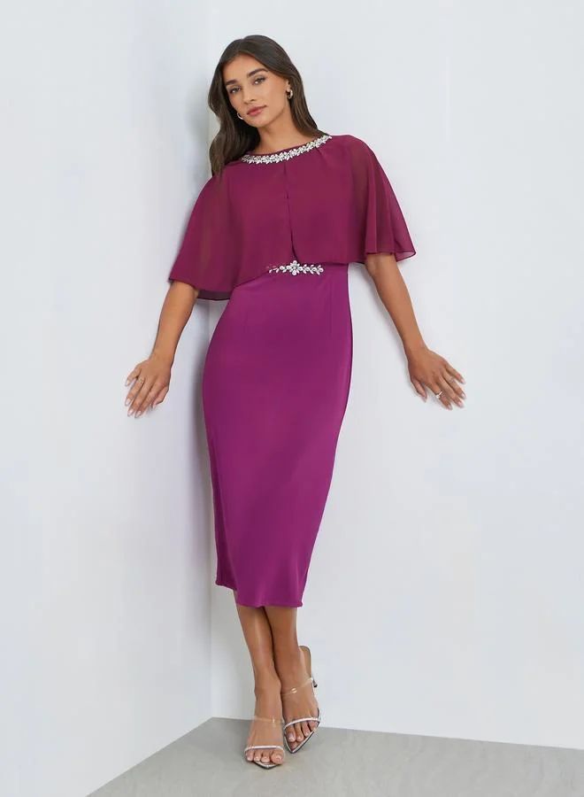 Styli Women Embellished Cape Sleeve Sheath Midi Dress