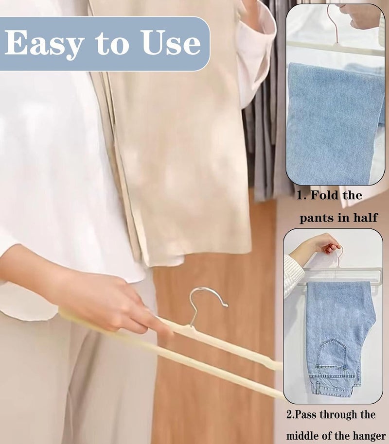 شماعات مخملية غير قابلة للانزلاق - 20 قطعة من شماعات السراويل للخزانة - شماعات ملابس رفيعة موفرة للمساحة - شماعات جينز متينة وقوية مع شماعات علوية بدون أكمام قابلة للدوران 360 درجة (خطاف فضي بيج) - Image 3
