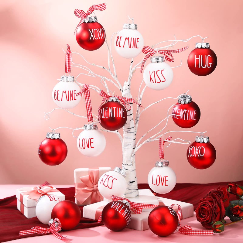 Vinsot 24 Pieces Valentine's Day Ball Ornaments 2.36 Inch Red White Valentines Day Tree Ornaments Plastic Decorative Kiss Be Mine Love Hanging Baubles Valentines Day Decorations for Tree Home Decor - Image 2