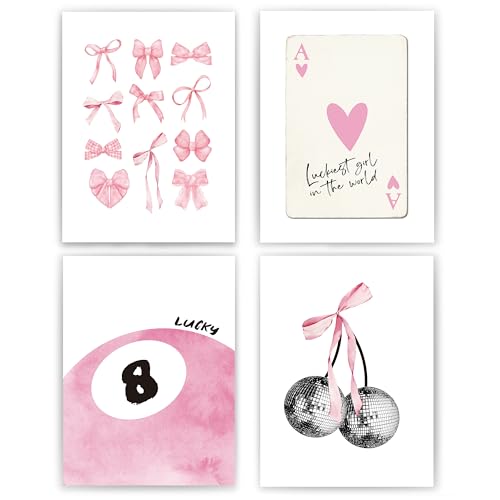 okaxscm Pink Coquette Trendy Preppy Wall Art Prints Set of 4, Coquette Room Decor, Preppy Room Decor Aesthetic, Pink Bow Disco 8 Ball Cherry Wall Decor Posters for Girls Bedroom Dorm, 12x16 Unframed - Image 1