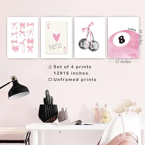 okaxscm Pink Coquette Trendy Preppy Wall Art Prints Set of 4, Coquette Room Decor, Preppy Room Decor Aesthetic, Pink Bow Disco 8 Ball Cherry Wall Decor Posters for Girls Bedroom Dorm, 12x16 Unframed - Image 3
