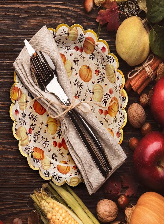Confettiville Thanksgiving Paper Plates, 50-Count Fall-Themed Decorative Disposable Serving Plates, Cream, Gold Foil Scalloped Edge, 9 Inches - Image 3