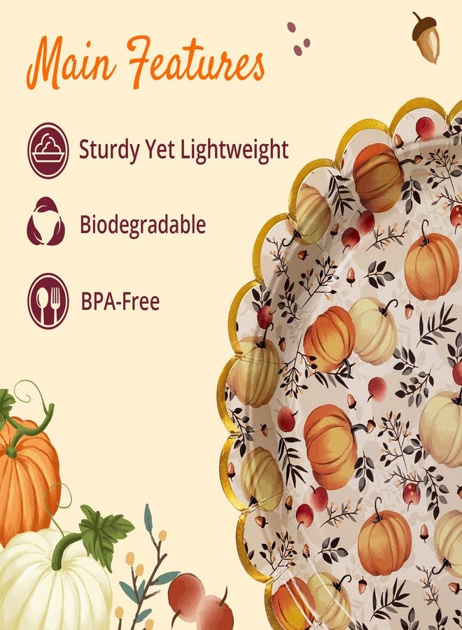 Confettiville Thanksgiving Paper Plates, 50-Count Fall-Themed Decorative Disposable Serving Plates, Cream, Gold Foil Scalloped Edge, 9 Inches - Image 5