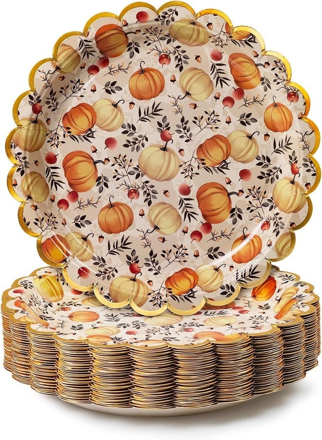 Confettiville Thanksgiving Paper Plates, 50-Count Fall-Themed Decorative Disposable Serving Plates, Cream, Gold Foil Scalloped Edge, 9 Inches - Image 1