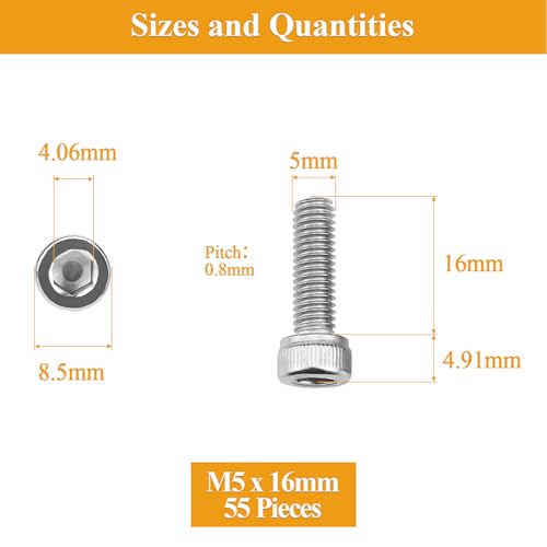 Sutemribor 55 Pieces M5 x 16mm Socket Head Cap Screws, Thread Pitch 0.8mm, Sutemribor M5 Screws, 304 Stainless Steel, Fully Threaded, Silver - Image 3